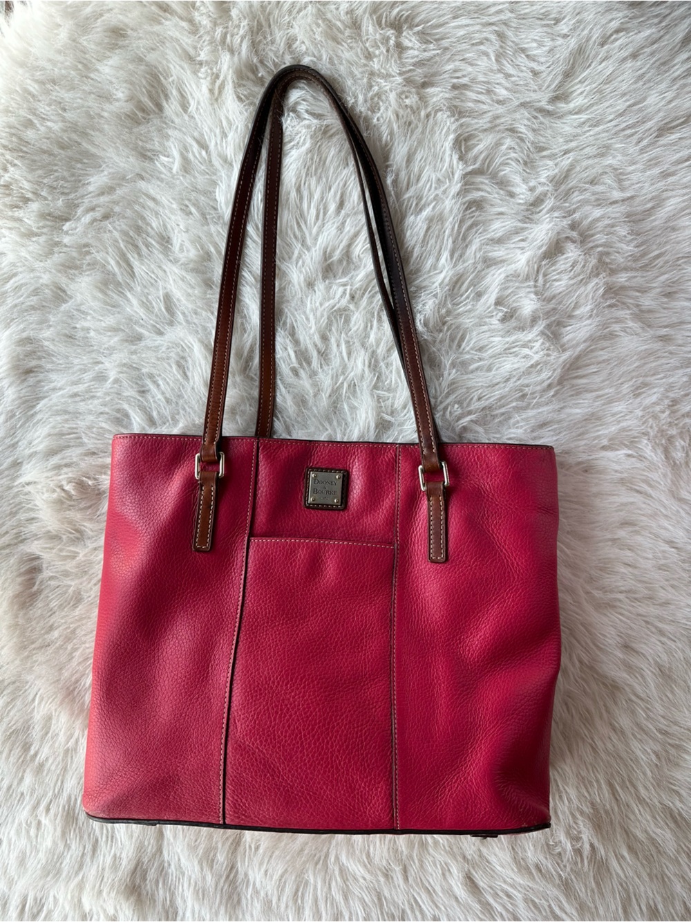 Dooney & Bourke Large Pink Red Leather Tote Bag with Brown Straps travel work